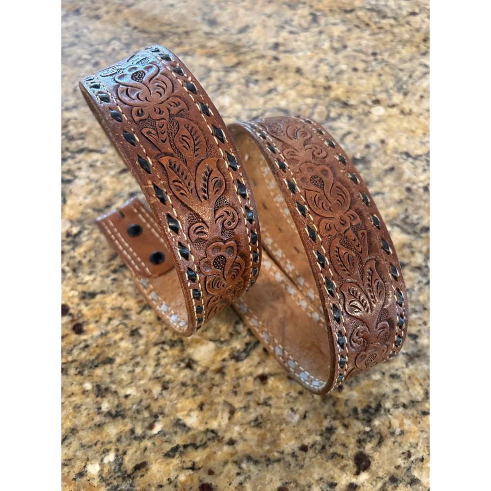 vintage USA made TONY LAMA buckle belt 38 brown‎ TOOLED leather WESTERN